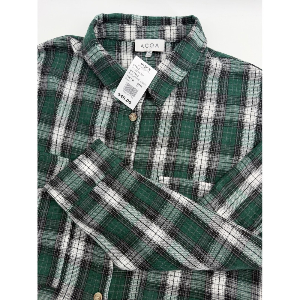 ACOA Green Plaid Button Down Shirt Long Sleeve Flap Pockets Size M NEW